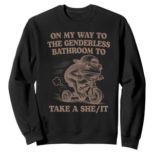On My Way To The Genderless Bathroom To Take a She/It Sweatshirt Funny Frog Graphic TS10 Black Print Your Wear