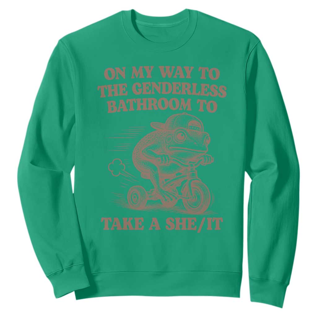 On My Way To The Genderless Bathroom To Take a She/It Sweatshirt Funny Frog Graphic TS10 Irish Green Print Your Wear