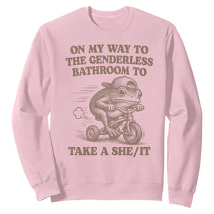 On My Way To The Genderless Bathroom To Take a She/It Sweatshirt Funny Frog Graphic TS10 Light Pink Print Your Wear