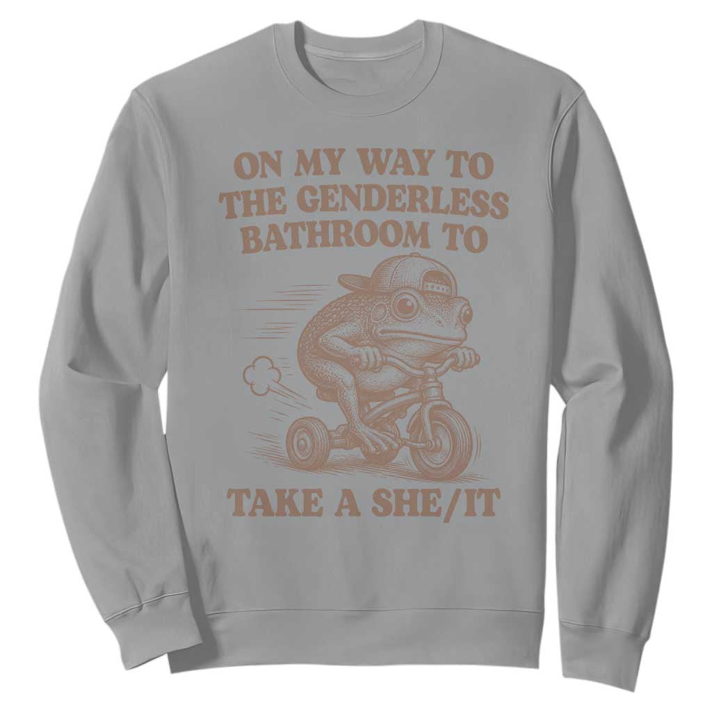 On My Way To The Genderless Bathroom To Take a She/It Sweatshirt Funny Frog Graphic TS10 Sport Gray Print Your Wear