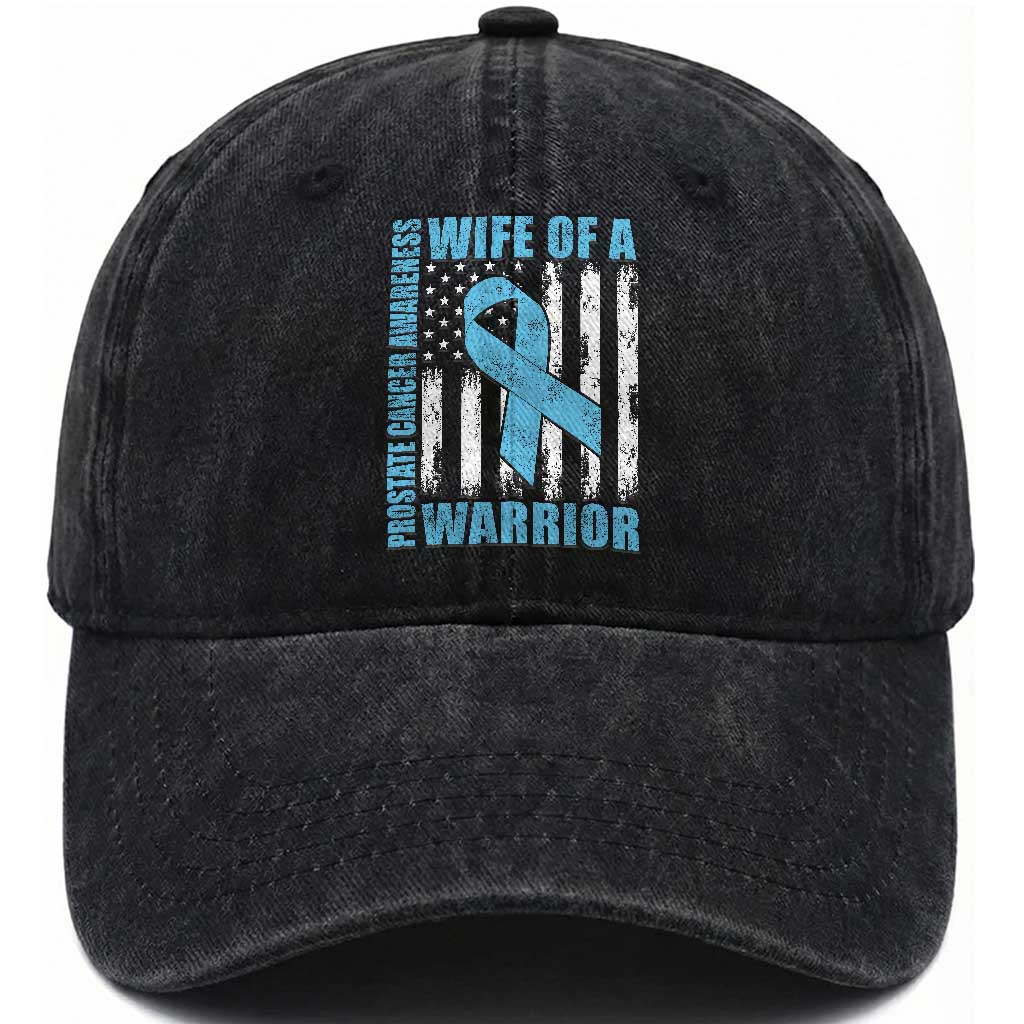 Wife Of A Warrior Prostate Cancer Awareness Washed Cotton Baseball Cap American Flag Blue Ribbon Graphic TS10 Print Your Wear