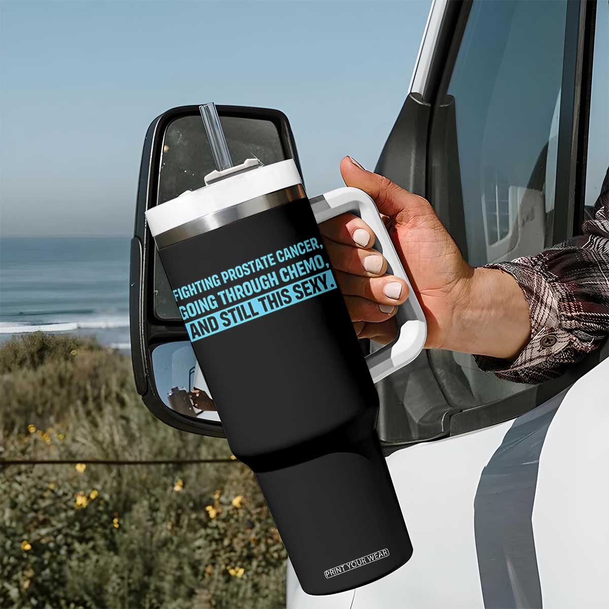 Funny Prostate Cancer Awareness Tumbler With Handle Going Through Chemo Still This Sexy TS10 Print Your Wear