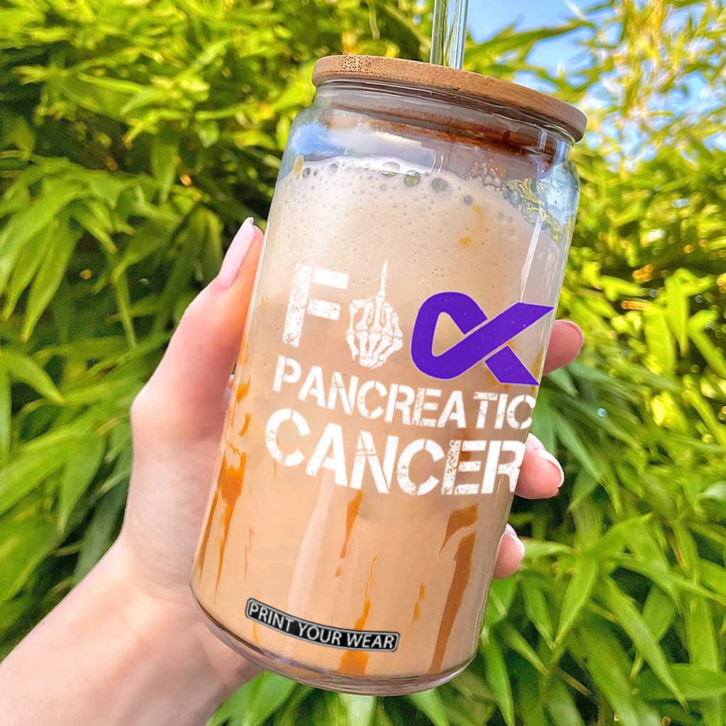 Fck Pancreatic Cancer Glass Can Purple Ribbon Skeleton Hand Graphic TS10 Black Print Your Wear