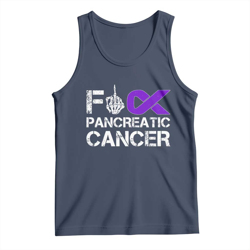 Fck Pancreatic Cancer Tank Top Purple Ribbon Skeleton Hand Graphic TS10 Navy Print Your Wear