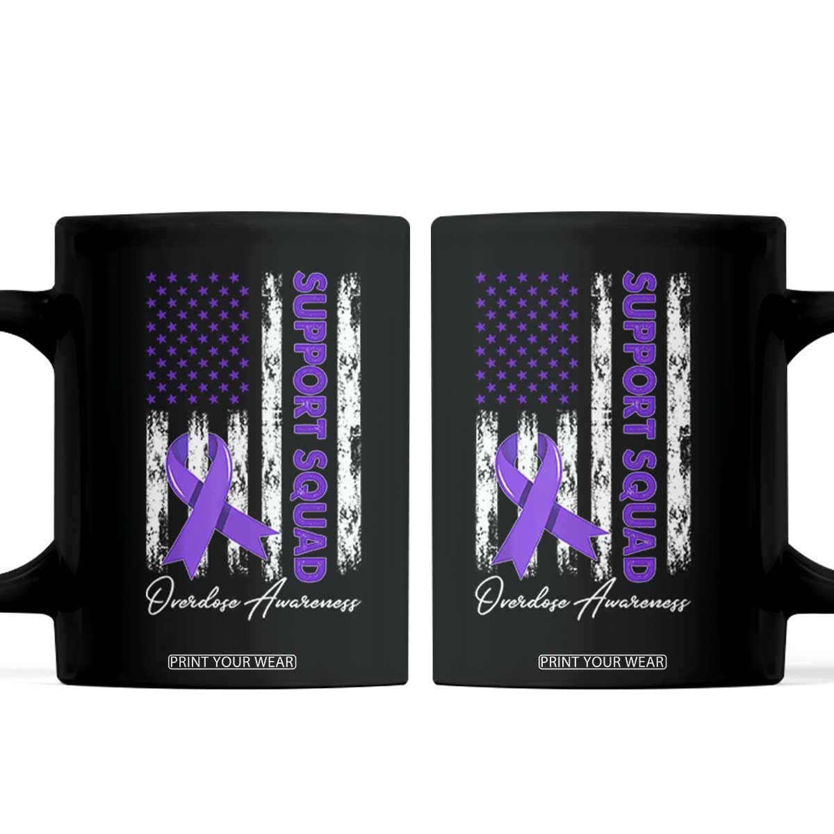 Support Squad Overdose Awareness Coffee Mug Purple Ribbon American Flag Graphic TS10 Black Print Your Wear
