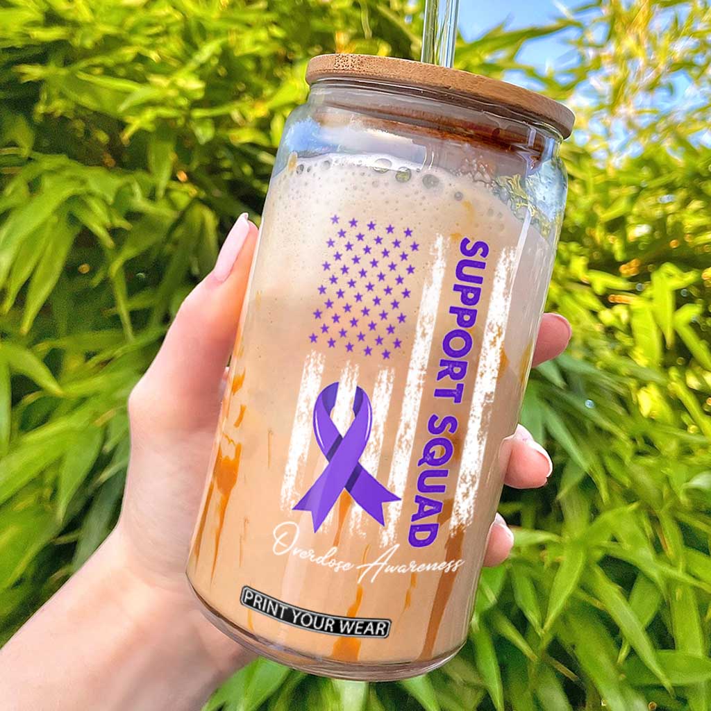 Support Squad Overdose Awareness Glass Can Purple Ribbon American Flag Graphic TS10 Black Print Your Wear