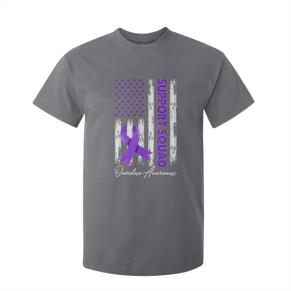 Support Squad Overdose Awareness T Shirt For Kid Purple Ribbon American Flag Graphic TS10 Charcoal Print Your Wear