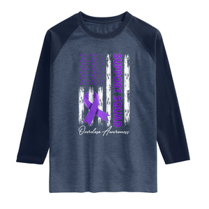 Support Squad Overdose Awareness Raglan Shirt Purple Ribbon American Flag Graphic TS10 Heather Denim Navy Print Your Wear