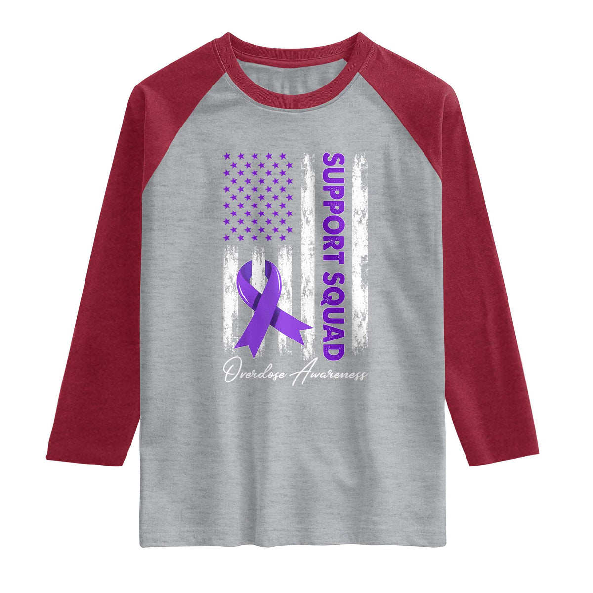 Support Squad Overdose Awareness Raglan Shirt Purple Ribbon American Flag Graphic TS10 Heather Gray Heather Red Print Your Wear