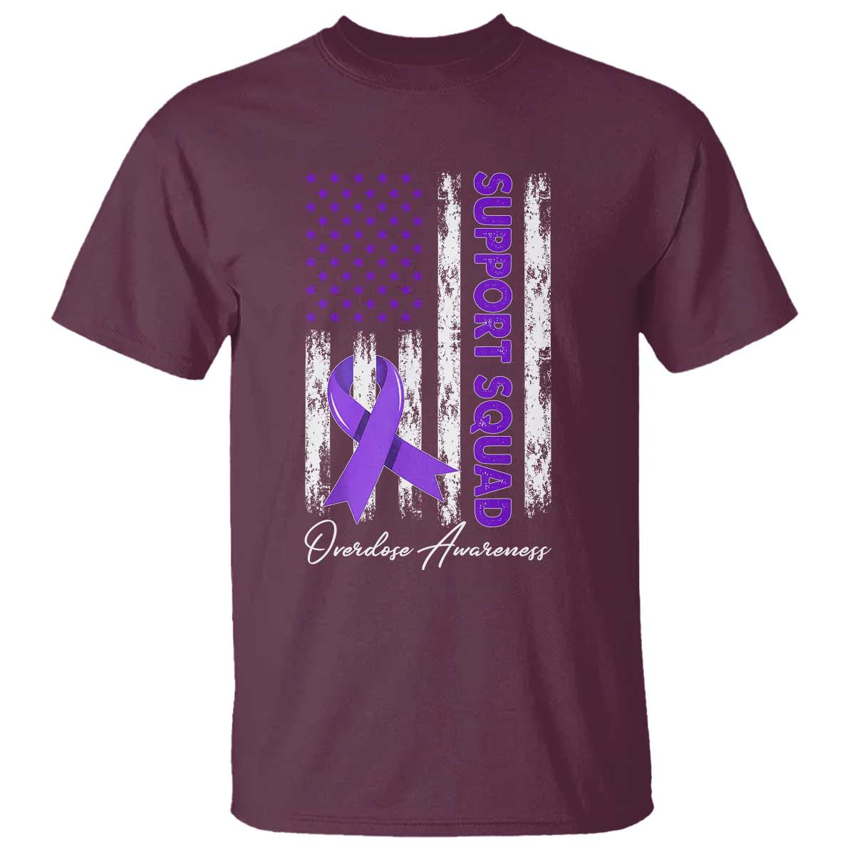Support Squad Overdose Awareness T Shirt Purple Ribbon American Flag Graphic TS10 Maroon Print Your Wear