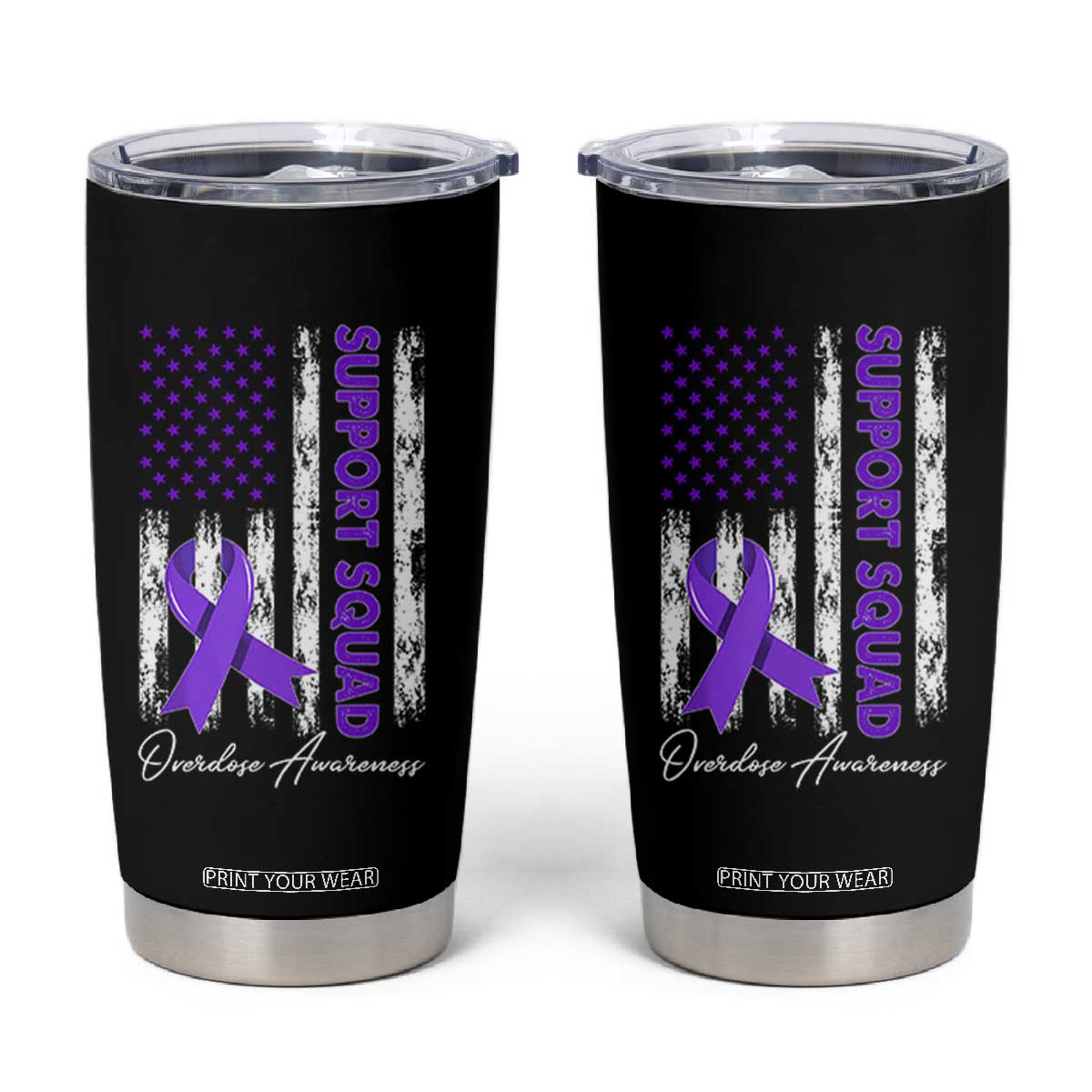 Support Squad Overdose Awareness Tumbler Cup Purple Ribbon American Flag Graphic TS10 Black Print Your Wear