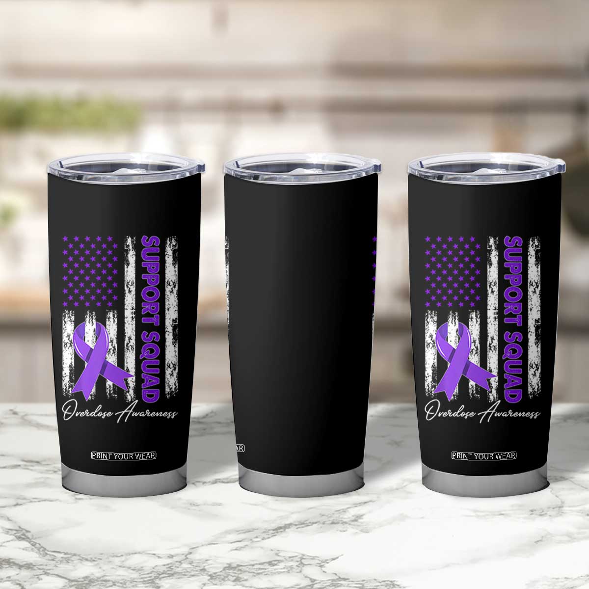 Support Squad Overdose Awareness Tumbler Cup Purple Ribbon American Flag Graphic TS10 Print Your Wear