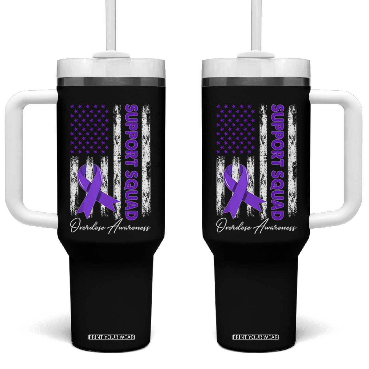 Support Squad Overdose Awareness Tumbler With Handle Purple Ribbon American Flag Graphic TS10 One Size: 40 oz Black Print Your Wear