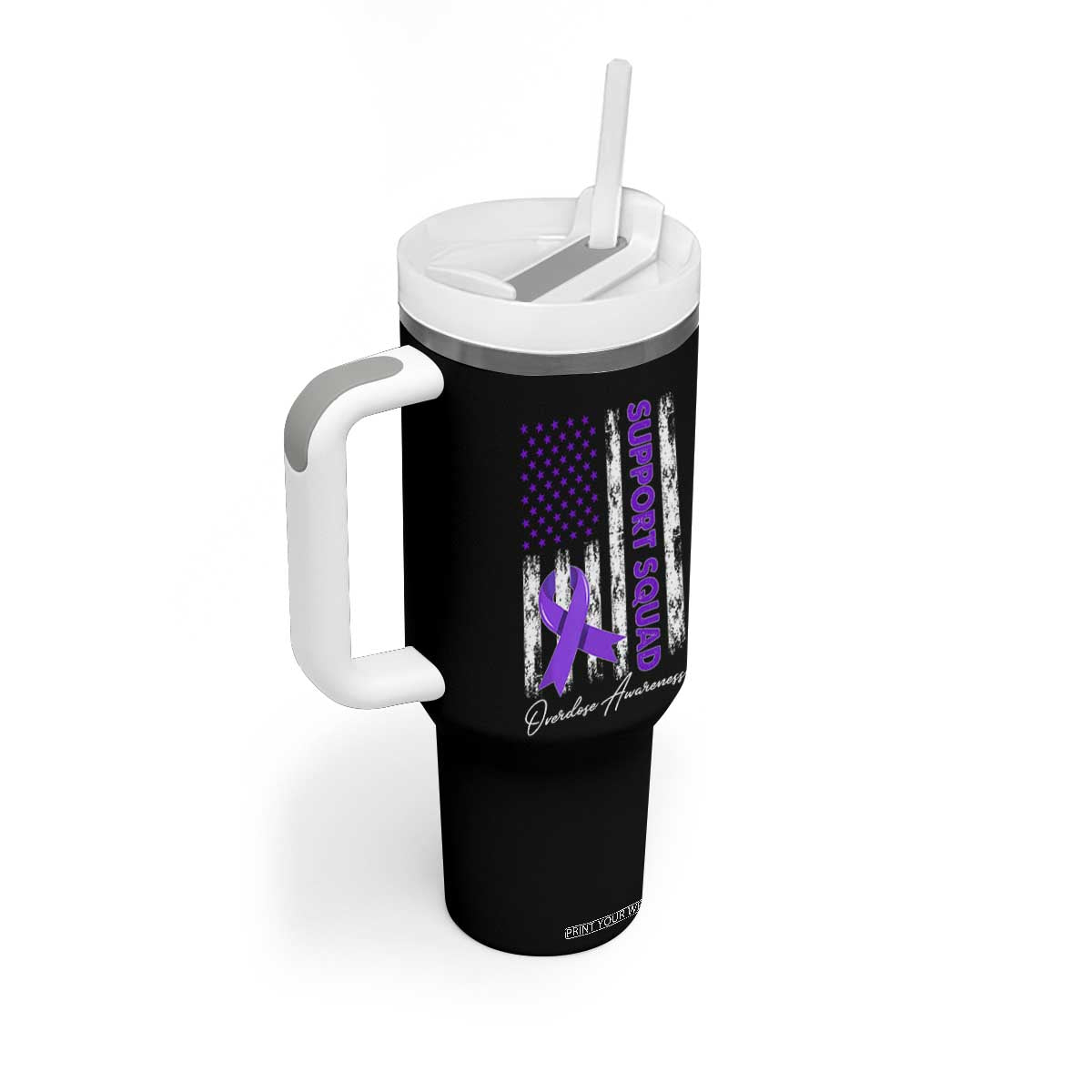 Support Squad Overdose Awareness Tumbler With Handle Purple Ribbon American Flag Graphic TS10 Print Your Wear
