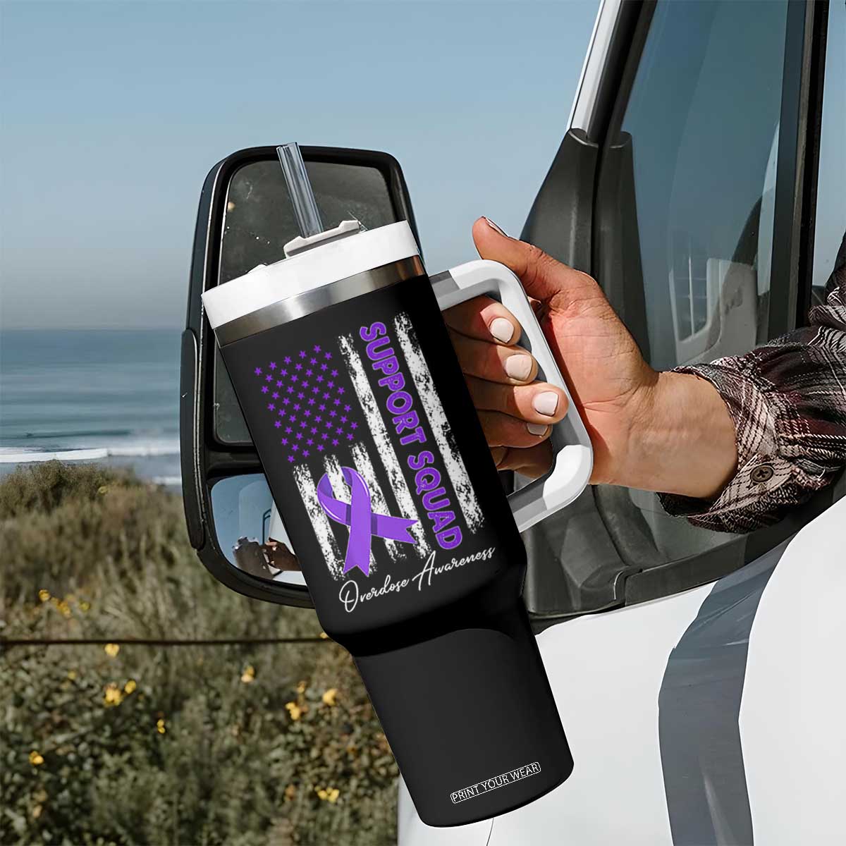 Support Squad Overdose Awareness Tumbler With Handle Purple Ribbon American Flag Graphic TS10 Print Your Wear