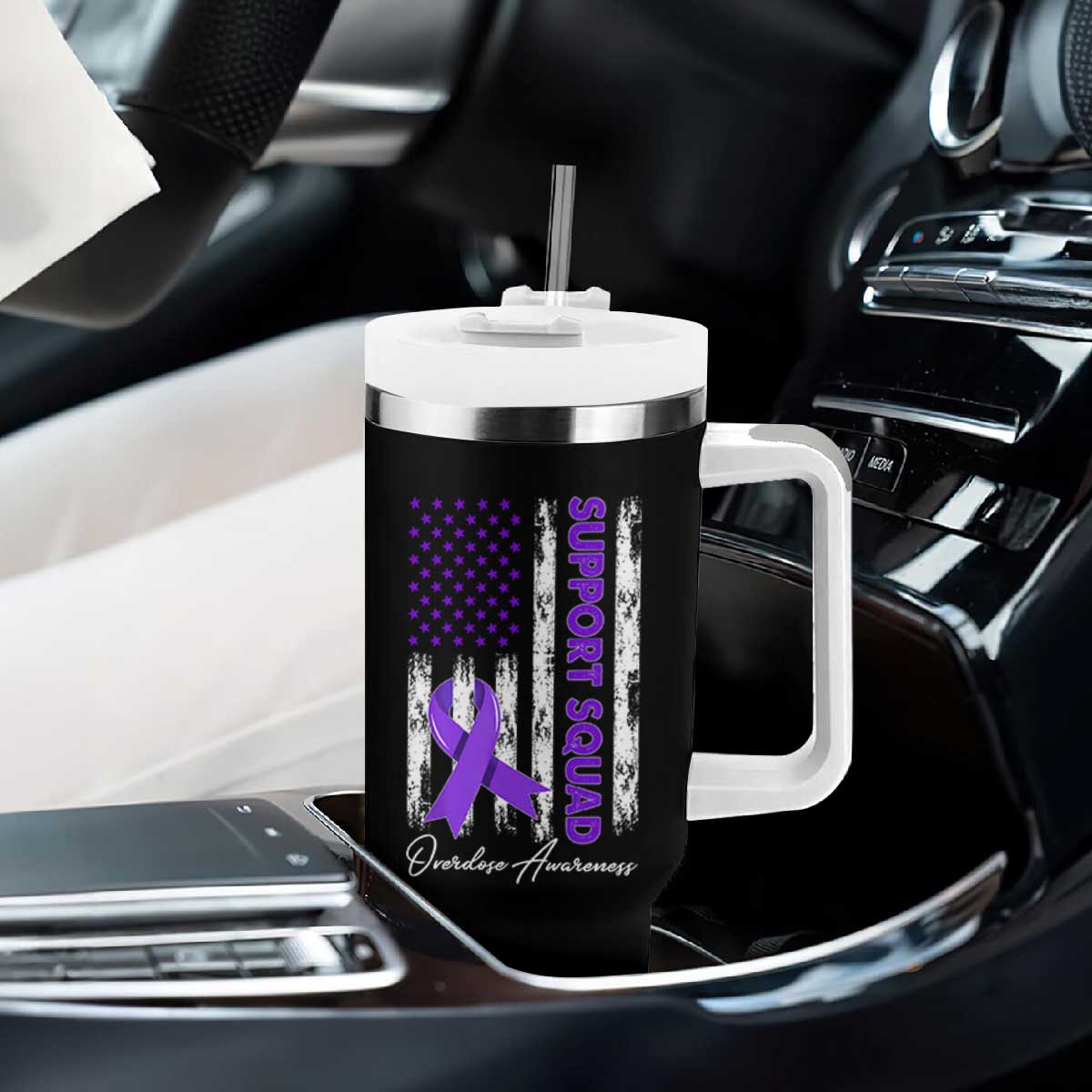 Support Squad Overdose Awareness Tumbler With Handle Purple Ribbon American Flag Graphic TS10 Print Your Wear