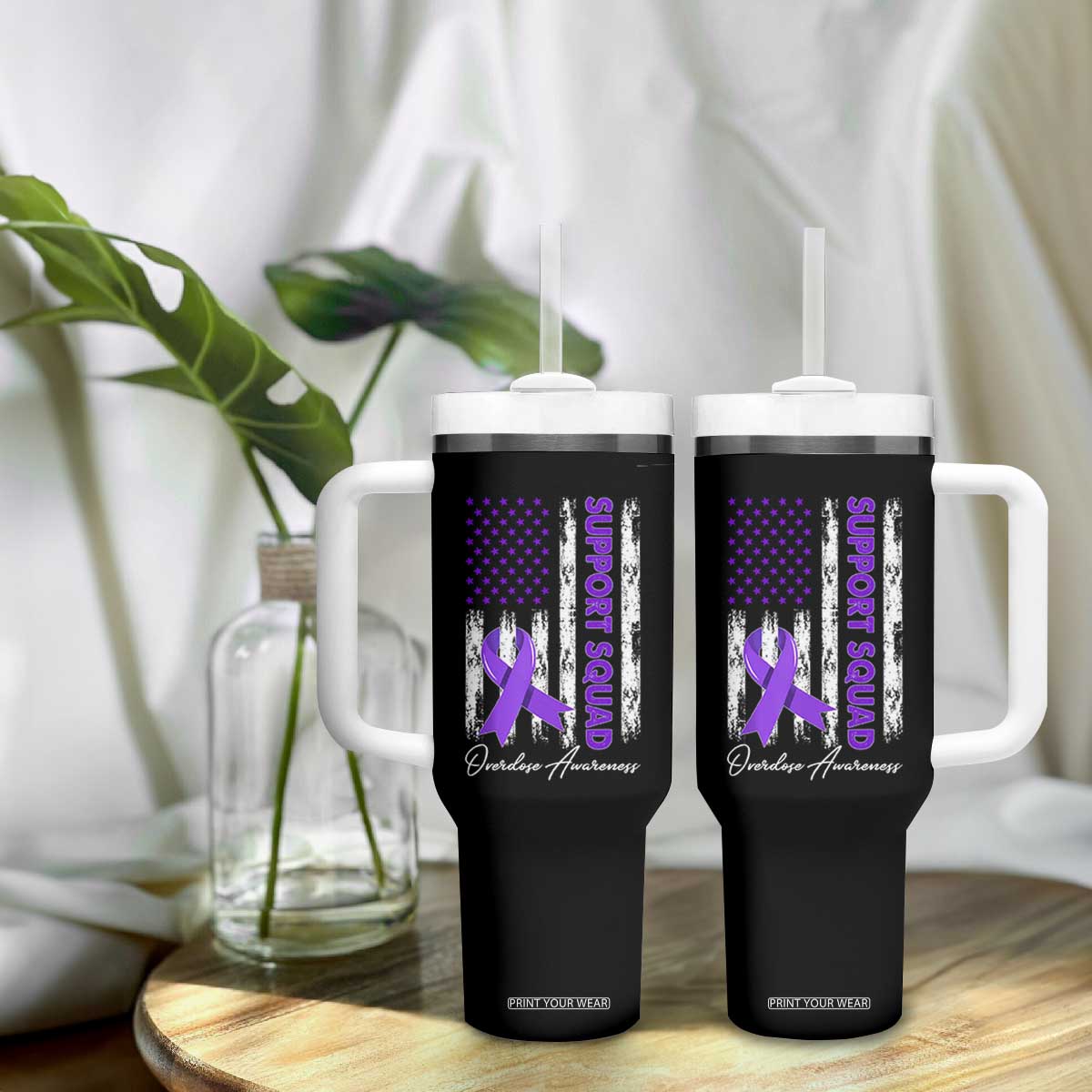 Support Squad Overdose Awareness Tumbler With Handle Purple Ribbon American Flag Graphic TS10 Print Your Wear