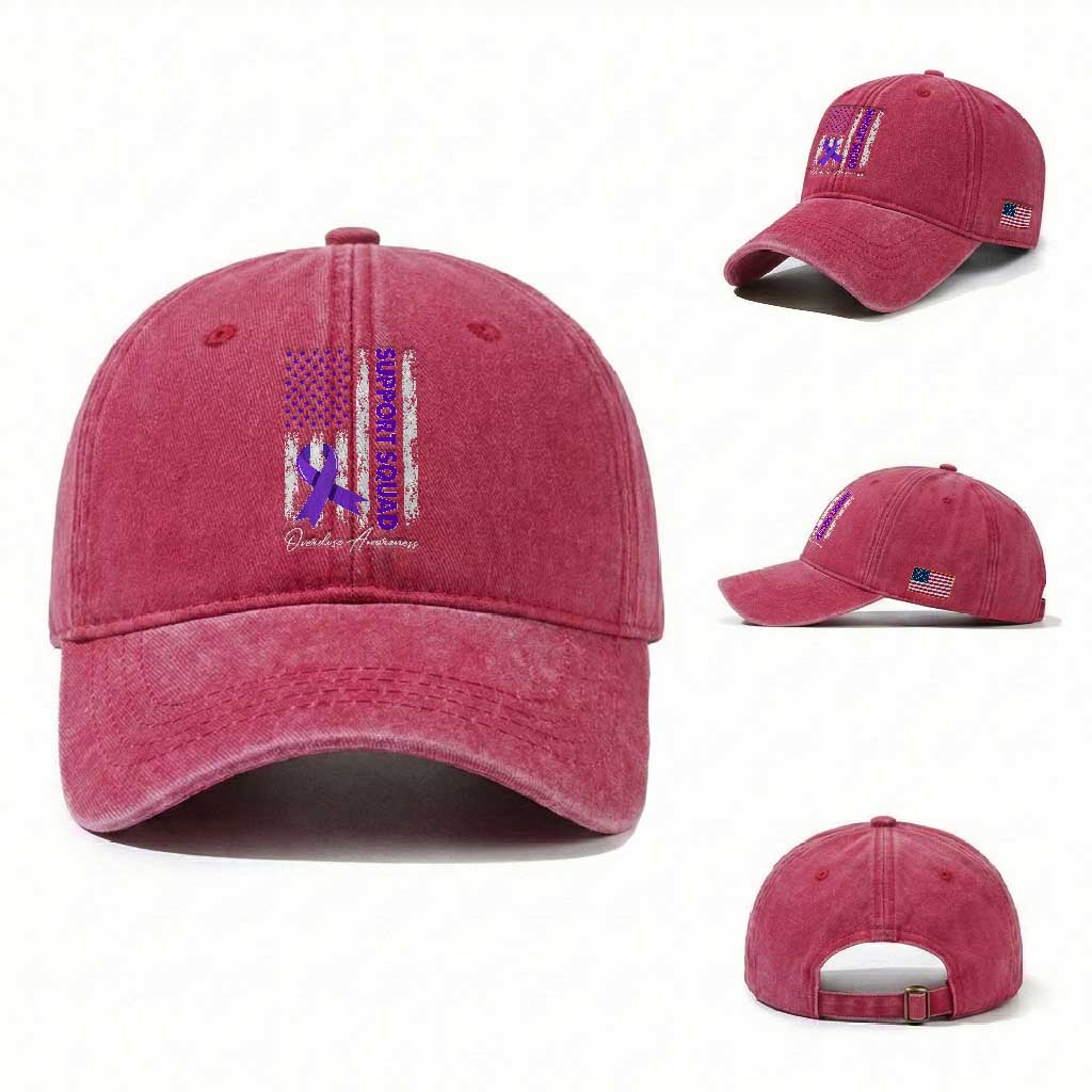 Support Squad Overdose Awareness Washed Cotton Baseball Cap Purple Ribbon American Flag Graphic TS10 Washed Cap Universal Fit Red Print Your Wear