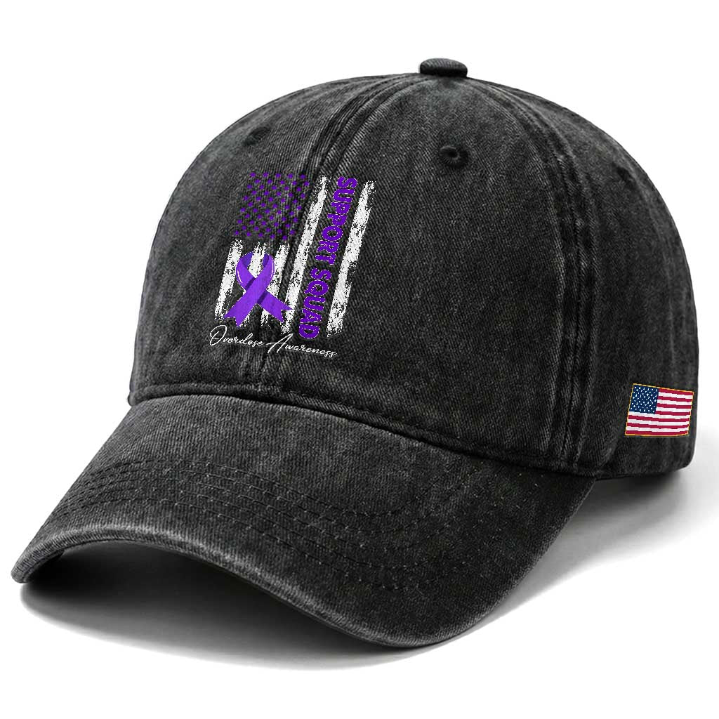 Support Squad Overdose Awareness Washed Cotton Baseball Cap Purple Ribbon American Flag Graphic TS10 Print Your Wear