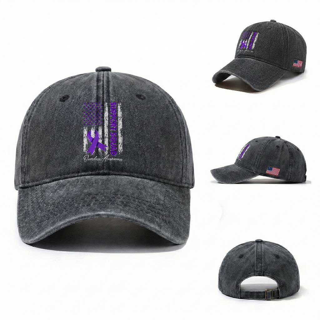 Support Squad Overdose Awareness Washed Cotton Baseball Cap Purple Ribbon American Flag Graphic TS10 Washed Cap Universal Fit Dark Gray Print Your Wear