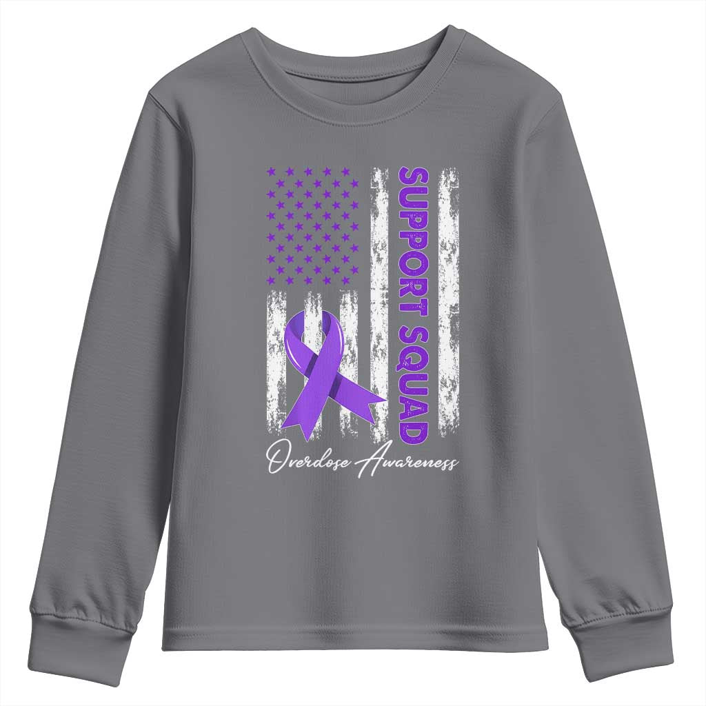 Support Squad Overdose Awareness Youth Sweatshirt Purple Ribbon American Flag Graphic TS10 Charcoal Print Your Wear