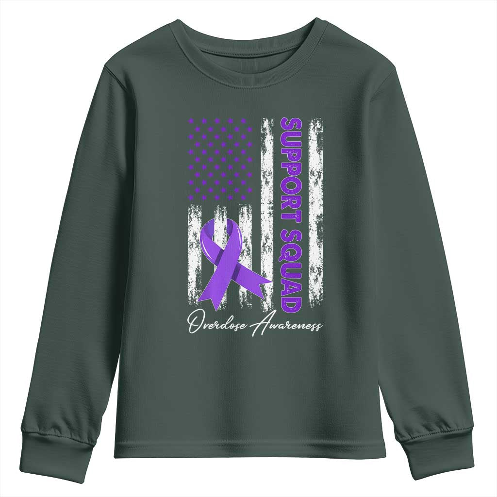Support Squad Overdose Awareness Youth Sweatshirt Purple Ribbon American Flag Graphic TS10 Dark Forest Green Print Your Wear