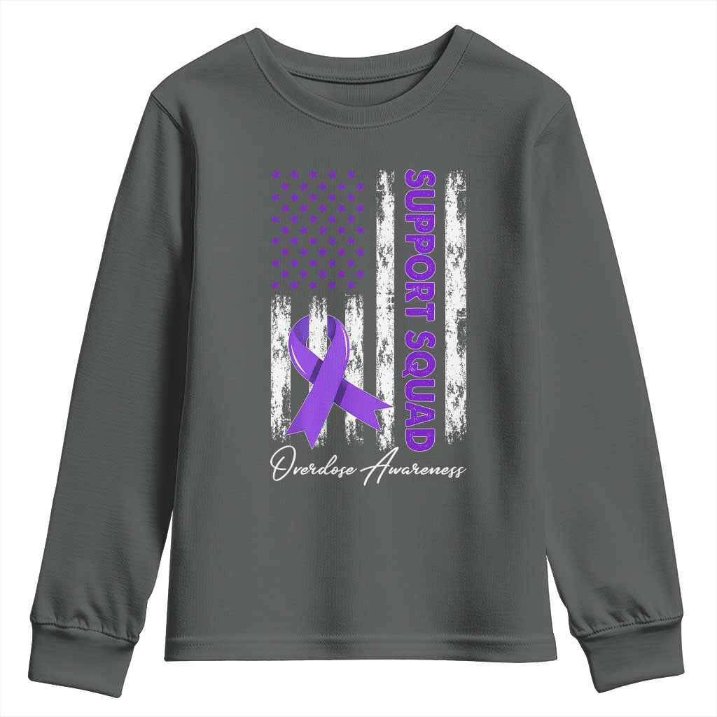 Support Squad Overdose Awareness Youth Sweatshirt Purple Ribbon American Flag Graphic TS10 Dark Heather Print Your Wear