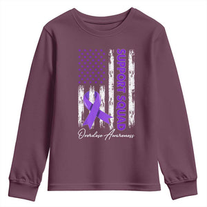 Support Squad Overdose Awareness Youth Sweatshirt Purple Ribbon American Flag Graphic TS10 Maroon Print Your Wear