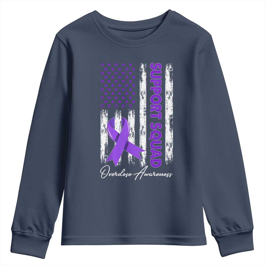 Support Squad Overdose Awareness Youth Sweatshirt Purple Ribbon American Flag Graphic TS10 Navy Print Your Wear