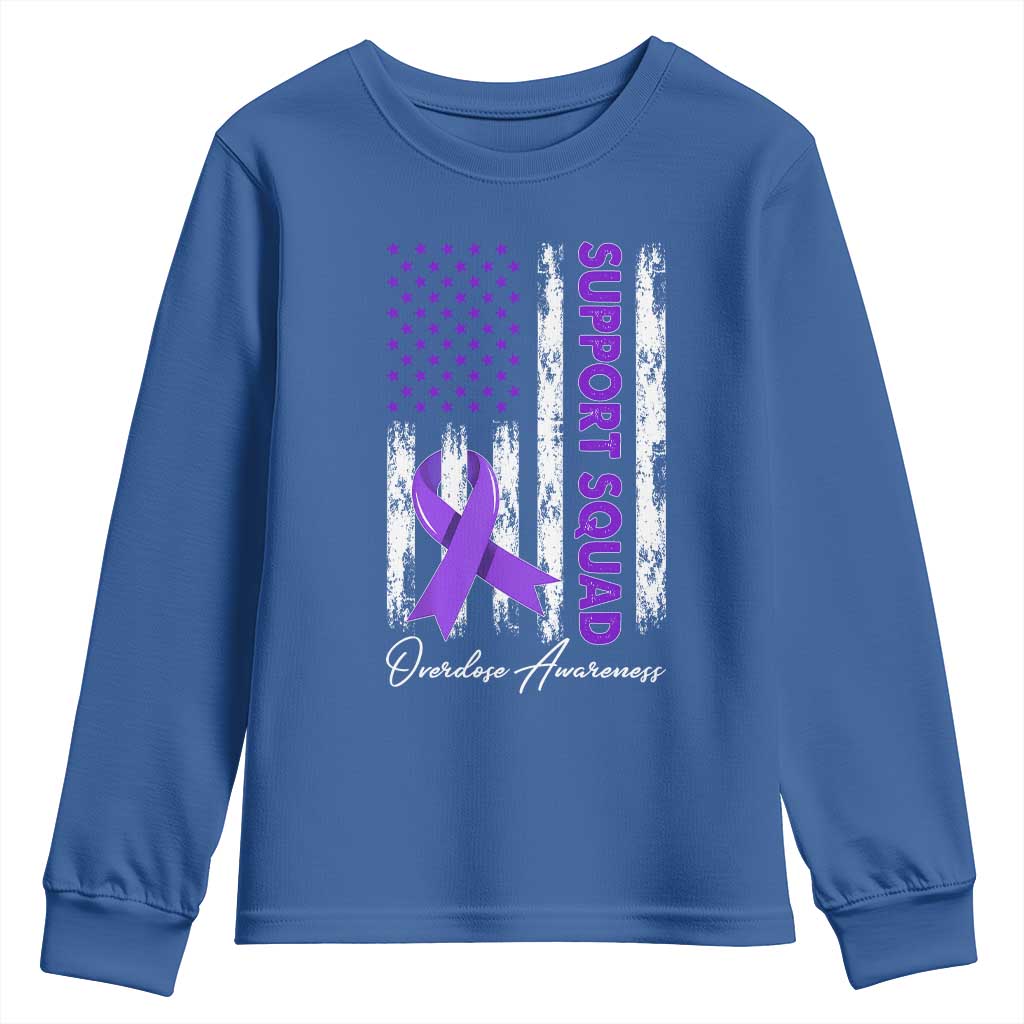 Support Squad Overdose Awareness Youth Sweatshirt Purple Ribbon American Flag Graphic TS10 Royal Blue Print Your Wear