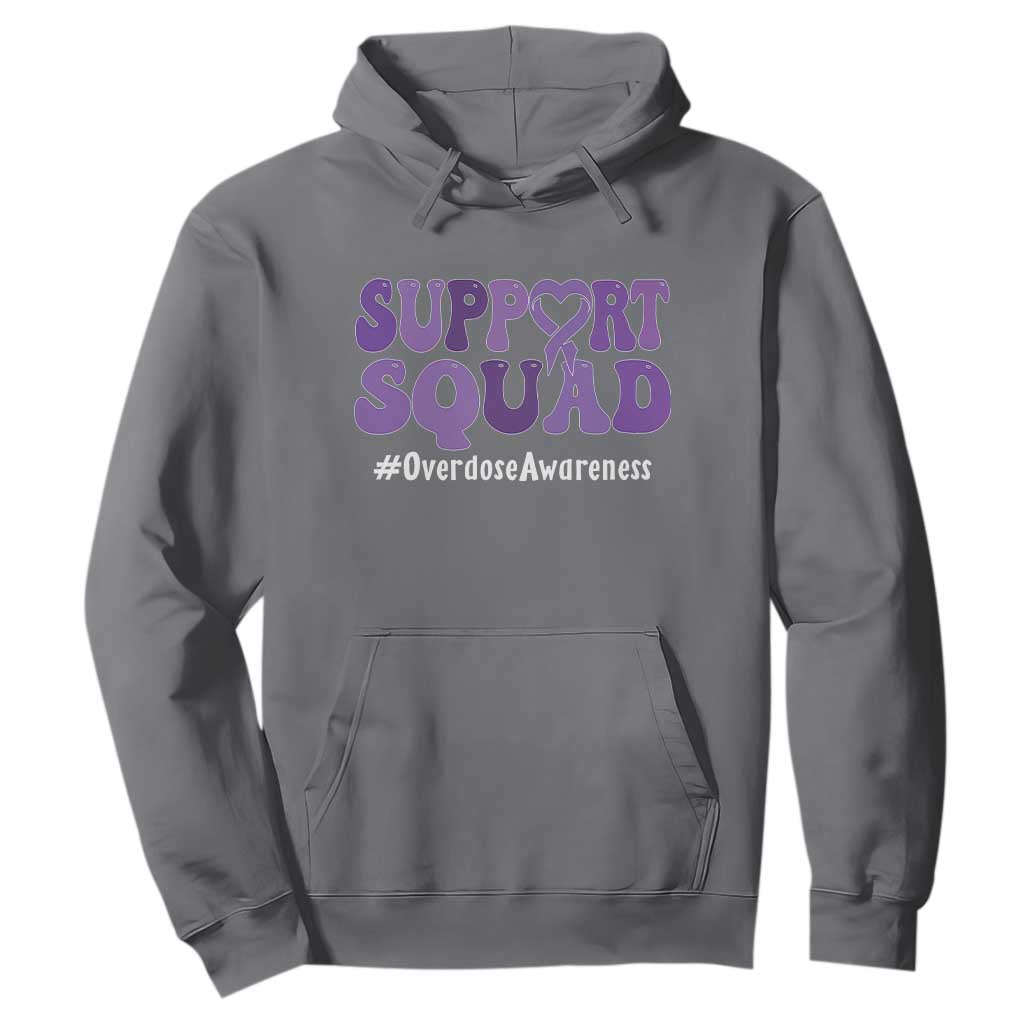 Support Squad Overdose Awareness Hoodie Purple Ribbon Groovy Typography Graphic TS10 Charcoal Print Your Wear