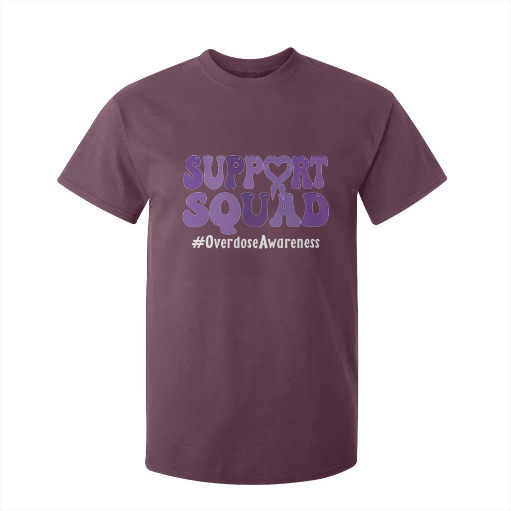 Support Squad Overdose Awareness T Shirt For Kid Purple Ribbon Groovy Typography Graphic TS10 Maroon Print Your Wear