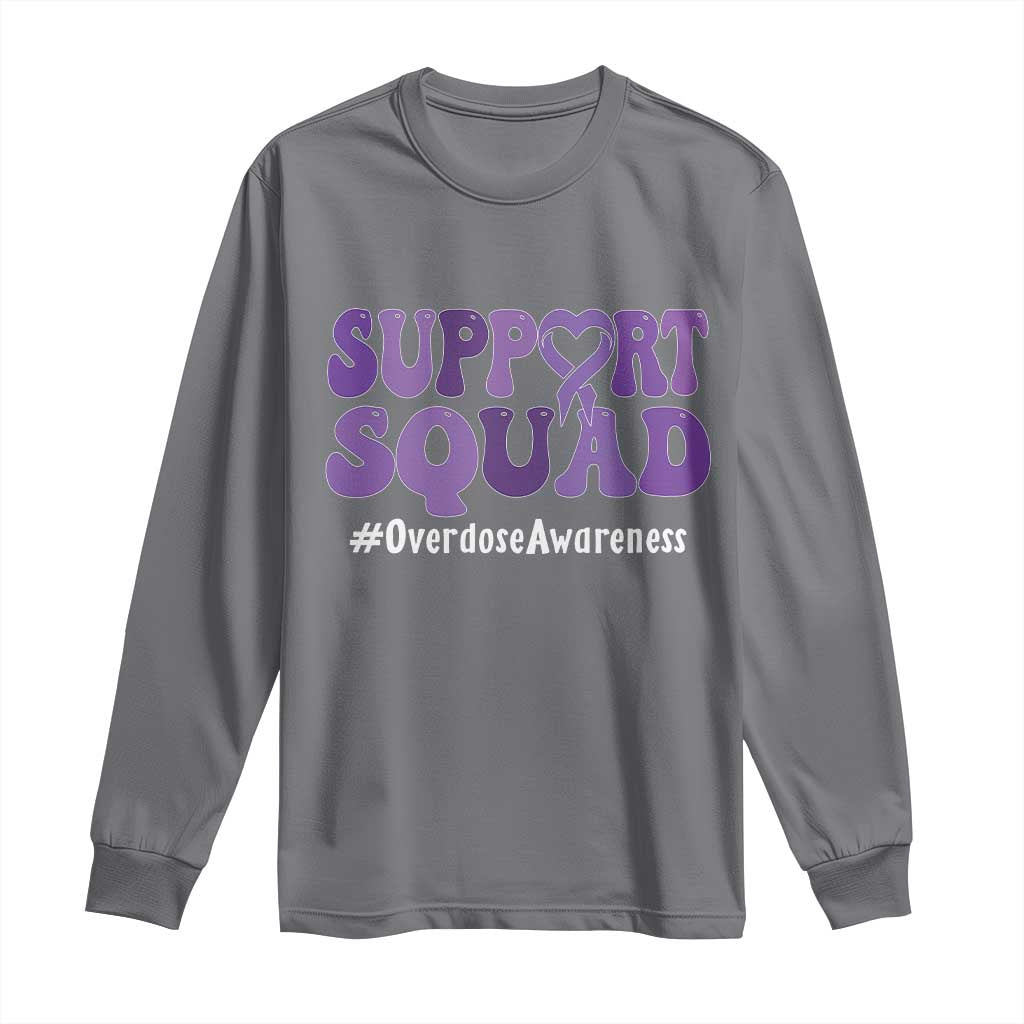Support Squad Overdose Awareness Long Sleeve Shirt Purple Ribbon Groovy Typography Graphic TS10 Charcoal Print Your Wear