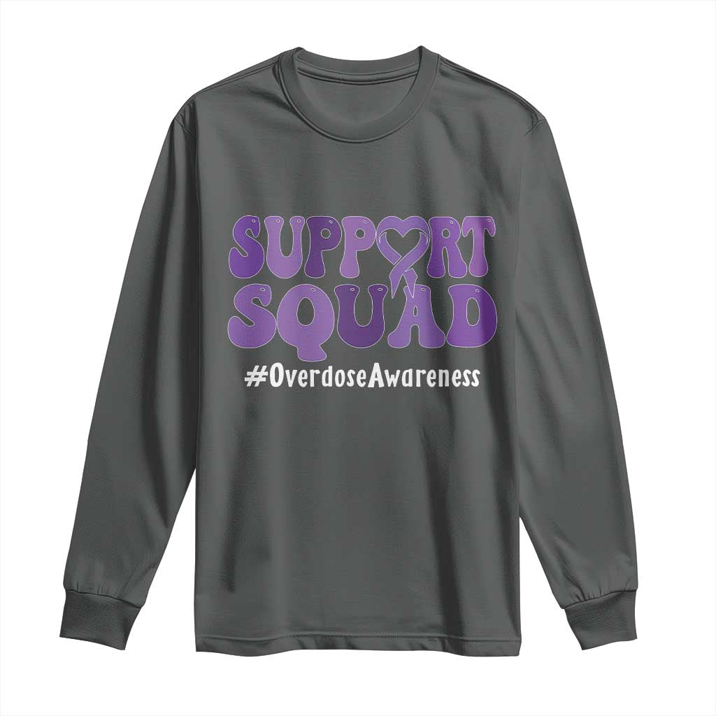 Support Squad Overdose Awareness Long Sleeve Shirt Purple Ribbon Groovy Typography Graphic TS10 Dark Heather Print Your Wear