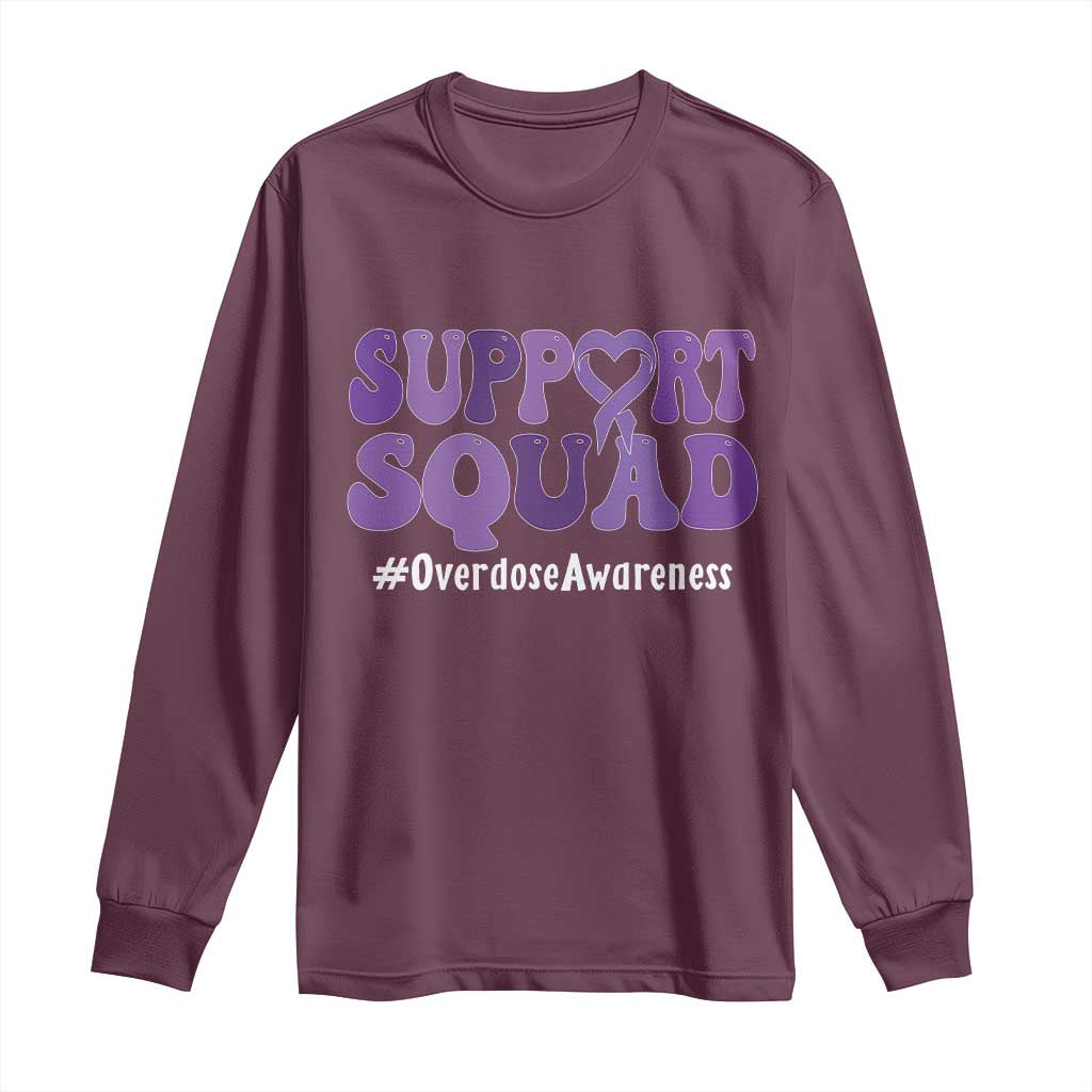 Support Squad Overdose Awareness Long Sleeve Shirt Purple Ribbon Groovy Typography Graphic TS10 Maroon Print Your Wear