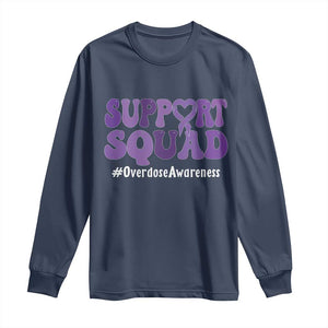 Support Squad Overdose Awareness Long Sleeve Shirt Purple Ribbon Groovy Typography Graphic TS10 Navy Print Your Wear