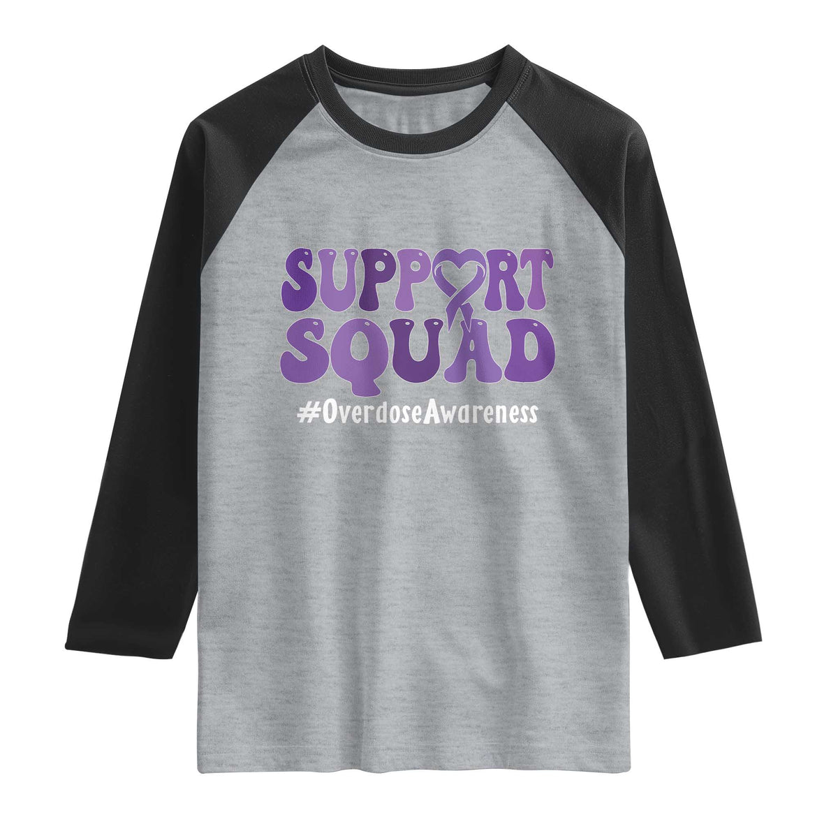 Support Squad Overdose Awareness Raglan Shirt Purple Ribbon Groovy Typography Graphic TS10 Heather Gray Black Print Your Wear