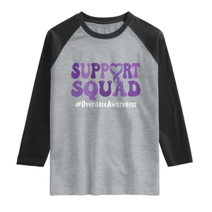 Support Squad Overdose Awareness Raglan Shirt Purple Ribbon Groovy Typography Graphic TS10 Heather Gray Black Print Your Wear