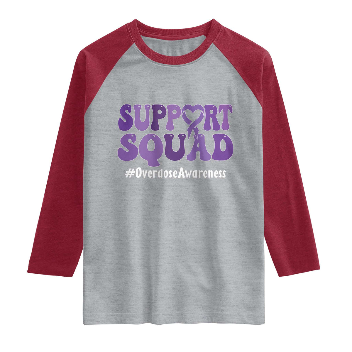 Support Squad Overdose Awareness Raglan Shirt Purple Ribbon Groovy Typography Graphic TS10 Heather Gray Heather Red Print Your Wear