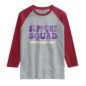 Support Squad Overdose Awareness Raglan Shirt Purple Ribbon Groovy Typography Graphic TS10 Heather Gray Heather Red Print Your Wear