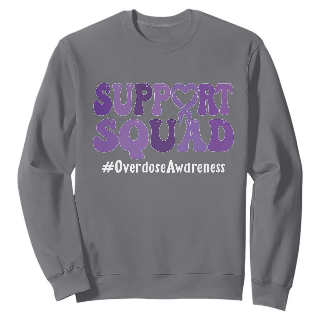 Support Squad Overdose Awareness Sweatshirt Purple Ribbon Groovy Typography Graphic TS10 Charcoal Print Your Wear