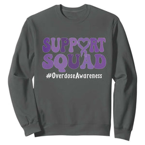 Support Squad Overdose Awareness Sweatshirt Purple Ribbon Groovy Typography Graphic TS10 Dark Heather Print Your Wear