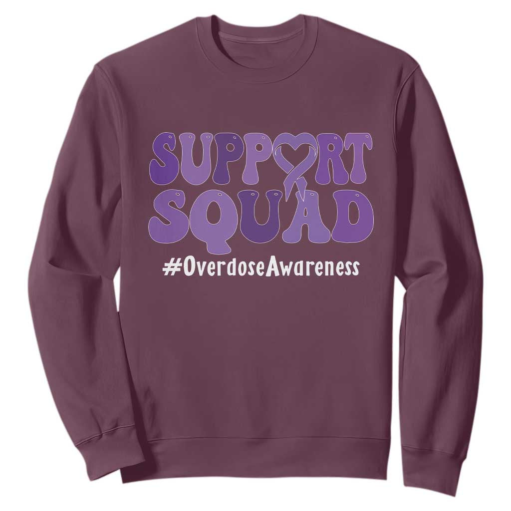 Support Squad Overdose Awareness Sweatshirt Purple Ribbon Groovy Typography Graphic TS10 Maroon Print Your Wear