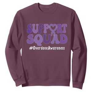 Support Squad Overdose Awareness Sweatshirt Purple Ribbon Groovy Typography Graphic TS10 Maroon Print Your Wear