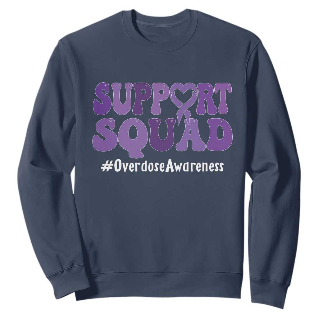 Support Squad Overdose Awareness Sweatshirt Purple Ribbon Groovy Typography Graphic TS10 Navy Print Your Wear