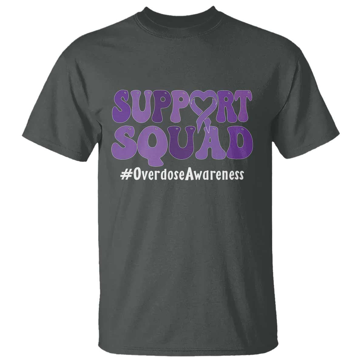 Support Squad Overdose Awareness T Shirt Purple Ribbon Groovy Typography Graphic TS10 Dark Heather Print Your Wear