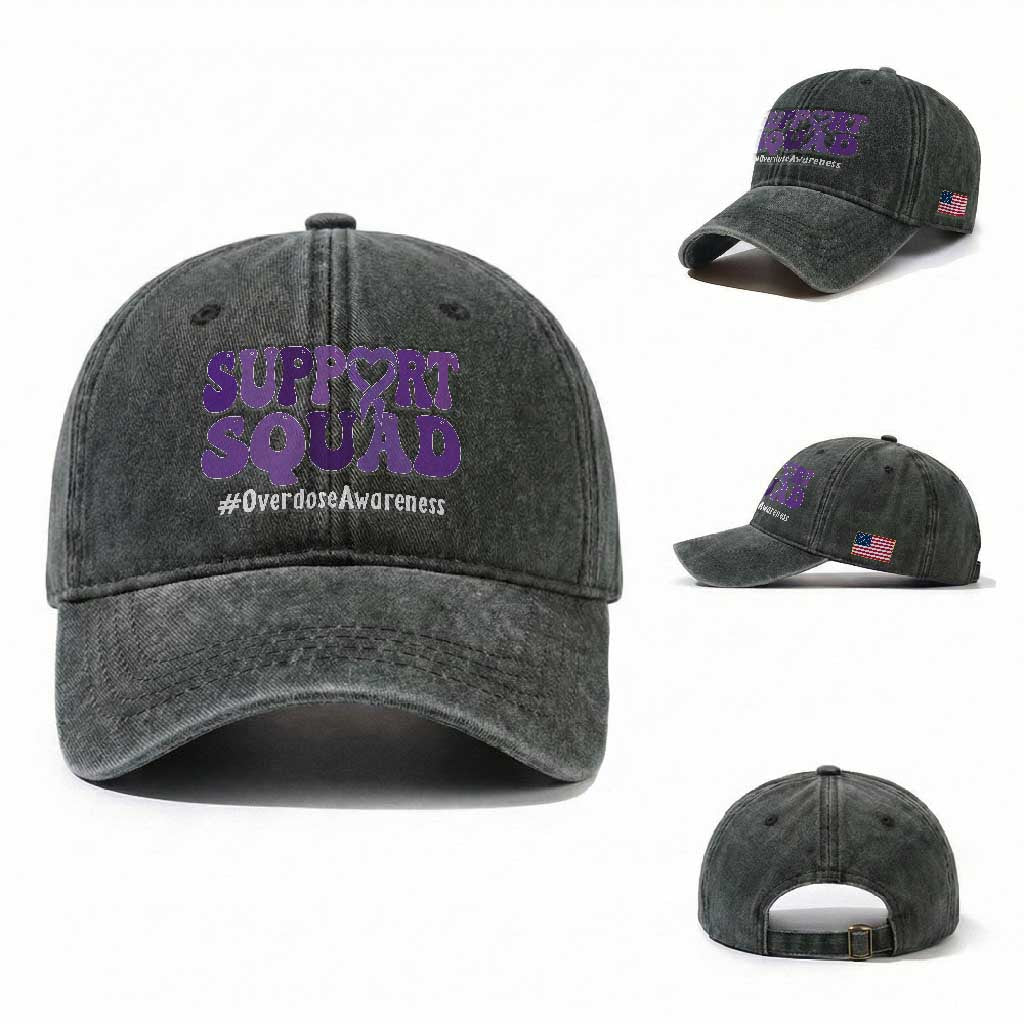 Support Squad Overdose Awareness Washed Cotton Baseball Cap Purple Ribbon Groovy Typography Graphic TS10 Washed Cap Universal Fit Dark Green Print Your Wear