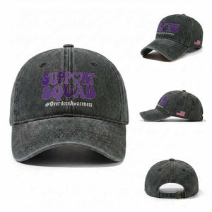 Support Squad Overdose Awareness Washed Cotton Baseball Cap Purple Ribbon Groovy Typography Graphic TS10 Washed Cap Universal Fit Dark Green Print Your Wear