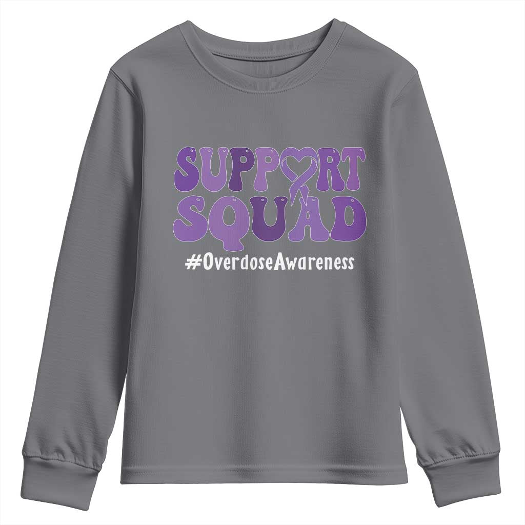 Support Squad Overdose Awareness Youth Sweatshirt Purple Ribbon Groovy Typography Graphic TS10 Charcoal Print Your Wear