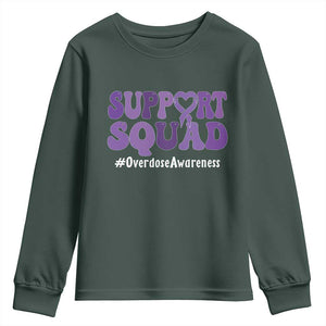 Support Squad Overdose Awareness Youth Sweatshirt Purple Ribbon Groovy Typography Graphic TS10 Dark Forest Green Print Your Wear
